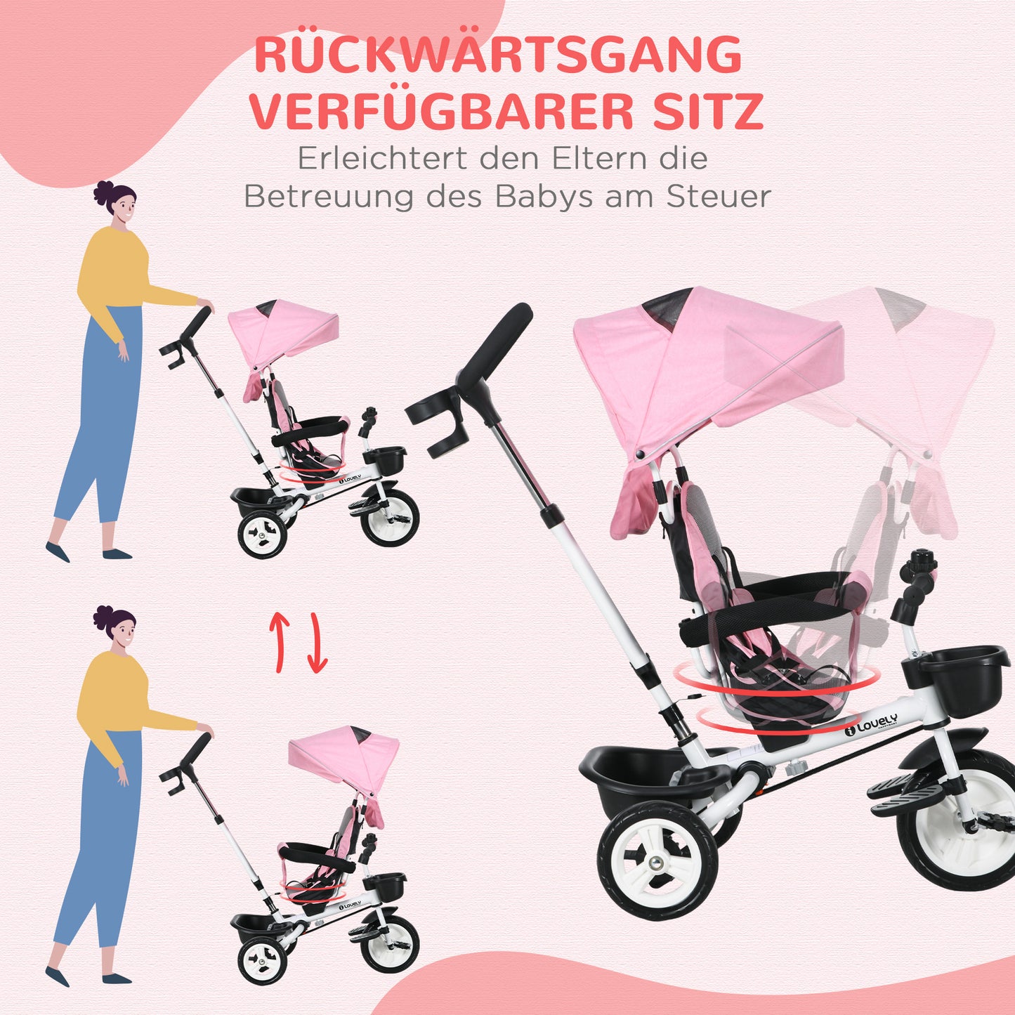 HOMCOM 6-in-1 Kinderdreirad mit Schiebestange, Dach, Gurt, Ablagekorb, 18+ Monate, Rosa