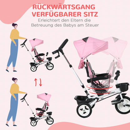 HOMCOM 6-in-1 Kinderdreirad mit Schiebestange, Dach, Gurt, Ablagekorb, 18+ Monate, Rosa