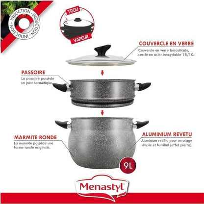Couscoussier - MENASTYL - 6020033 - Marble effect aluminum - 9 liters - Suitable for all heat sources including induction