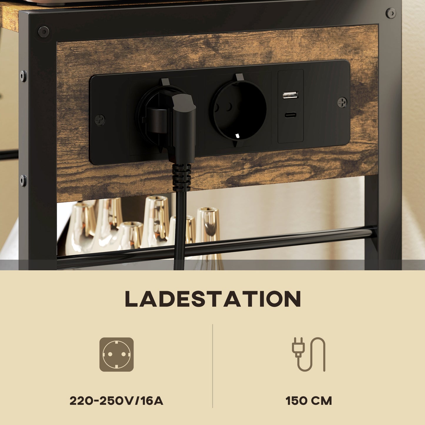 HOMCOM Druckerständer Druckeregal mit Rollen, Steckdosen, USB- und USB-C-Anschlüsse bis 40 kg Rustikalbraun