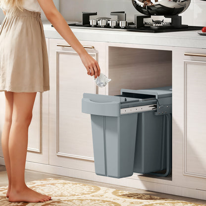 HOMCOM Ausziehbarer Mülleimer, Küchenmüllbehälter mit 2 herausnehmbaren Eimern, Griff, 30 Liter (20 L+10 L), Metall, Grau