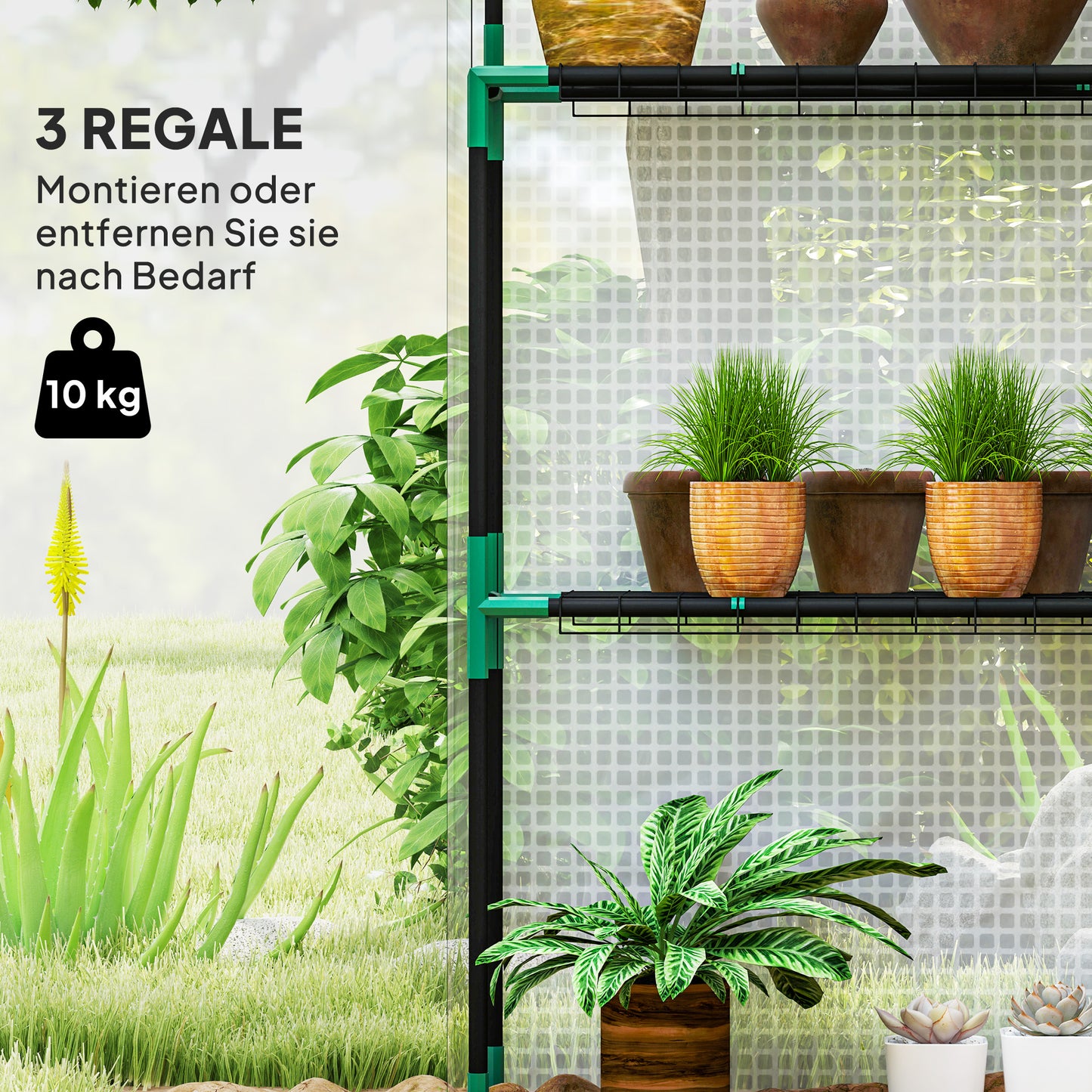 Outsunny Gewächshaus mit Regalen, Mini-Treibhaus, UV-beständig, Netzfenster, Reißverschlusstür, 143L x 74B x 190H cm, Weiß