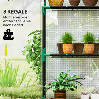 Outsunny Gewächshaus mit Regalen, Mini-Treibhaus, UV-beständig, Netzfenster, Reißverschlusstür, 143L x 74B x 190H cm, Weiß