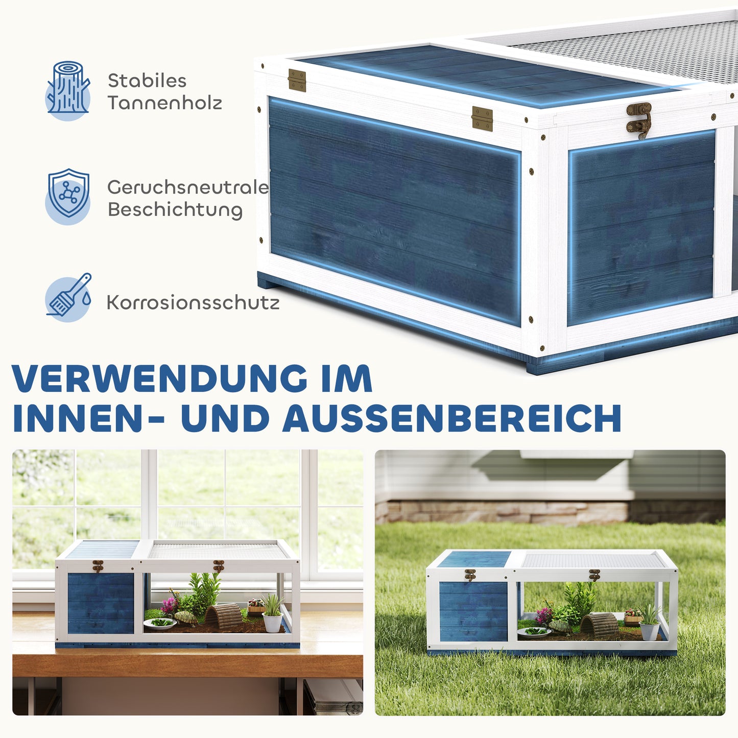 PawHut Schildkrötenhaus aus Holz Schildkrötengehege mit Haupthäusern aufklappbarem Oberseite 91x60,5x32 cm, Blau