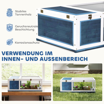 PawHut Schildkrötenhaus aus Holz Schildkrötengehege mit Haupthäusern aufklappbarem Oberseite 91x60,5x32 cm, Blau