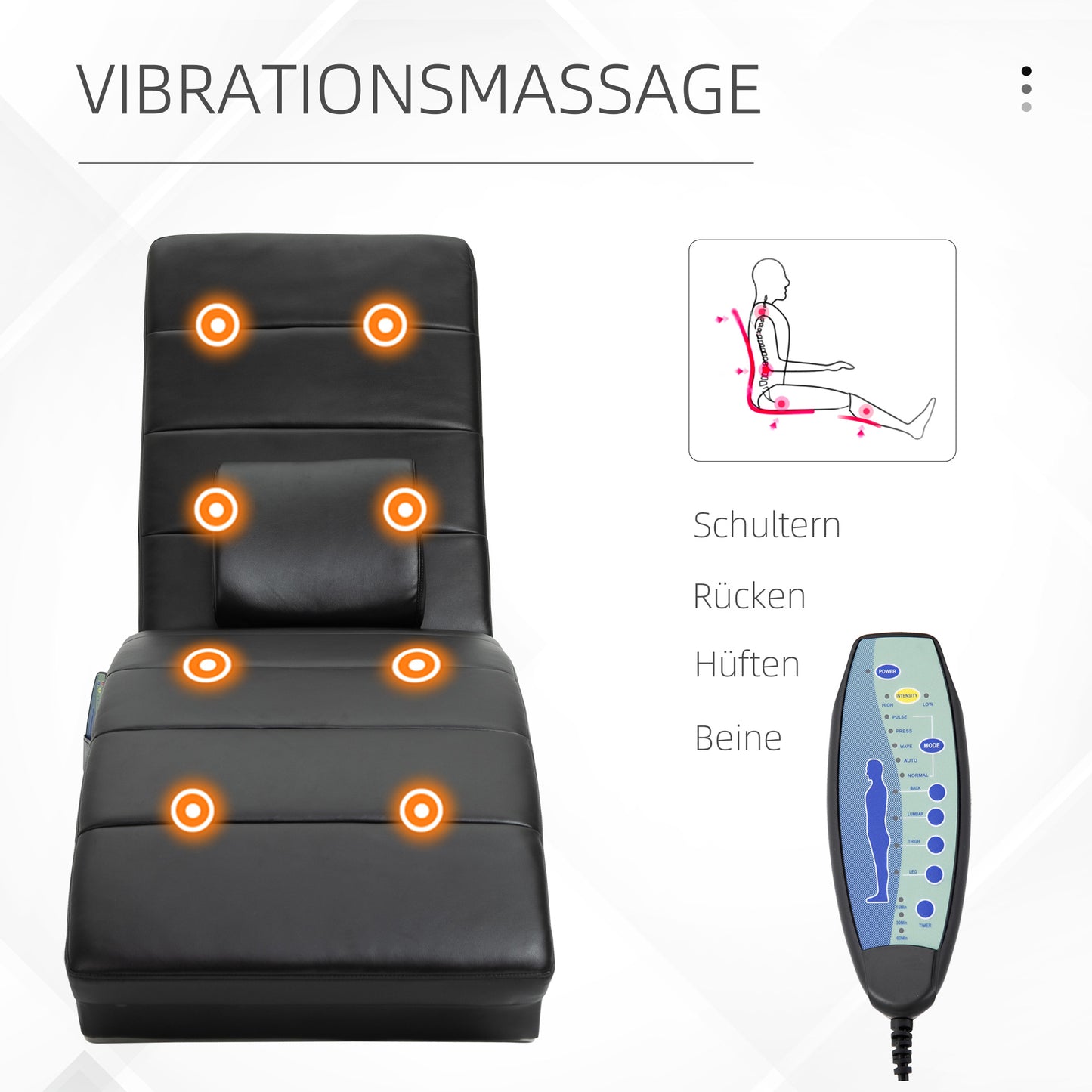 HOMCOM Relaxliege mit Massagefunktion Loungesessel Ergonomisch hohe Rückenlehn, mit Massagefunktion und Kissen mit Zero-G Design Lounge Sessel Kunstleder Metall Schaumstoff Schwarz 58 x 163 x 87 cm