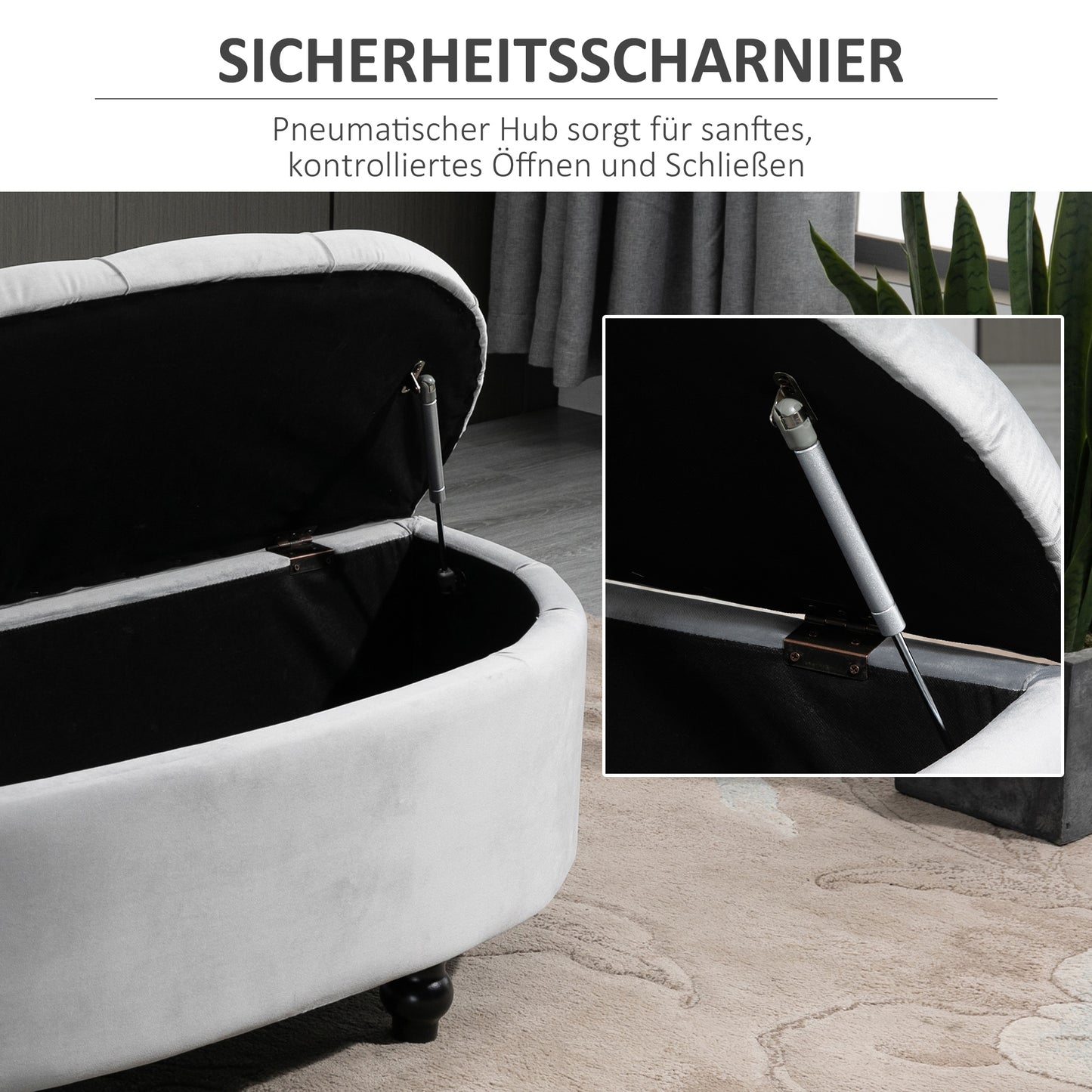 HOMCOM Sitzbank mit Stauraum Polsterbank mit Samtoptik, geöffnetem Deckel Sitztruhe mit Holzbeine, Truhenbank für Wohnzimmer Flur Schlafzimmer 120 x 46 x 42 cm, Grau