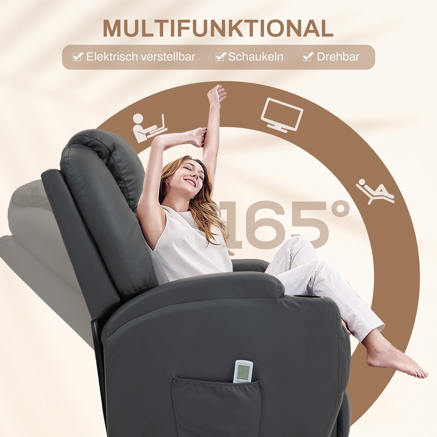 HOMCOM Massagesessel, elektrisch verstellbar, 8 Vibrationspunkte, Becherhalter, Kunstleder, Dunkelgrau