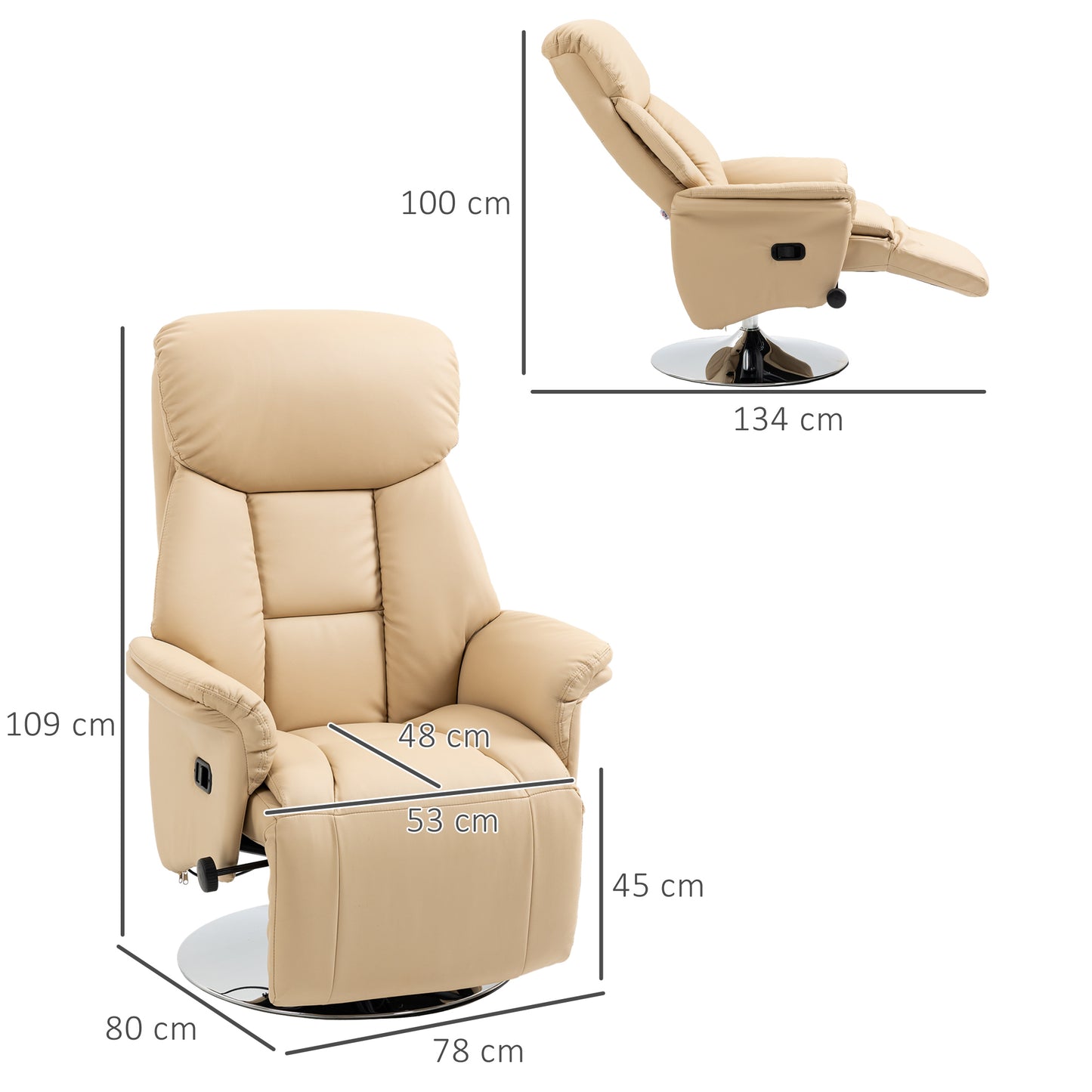 HOMCOM Relaxsessel, Liegefunktion, Lederoptik, Fußstütze, bis 150 kg, 78 x 80 x 109 cm, Beige