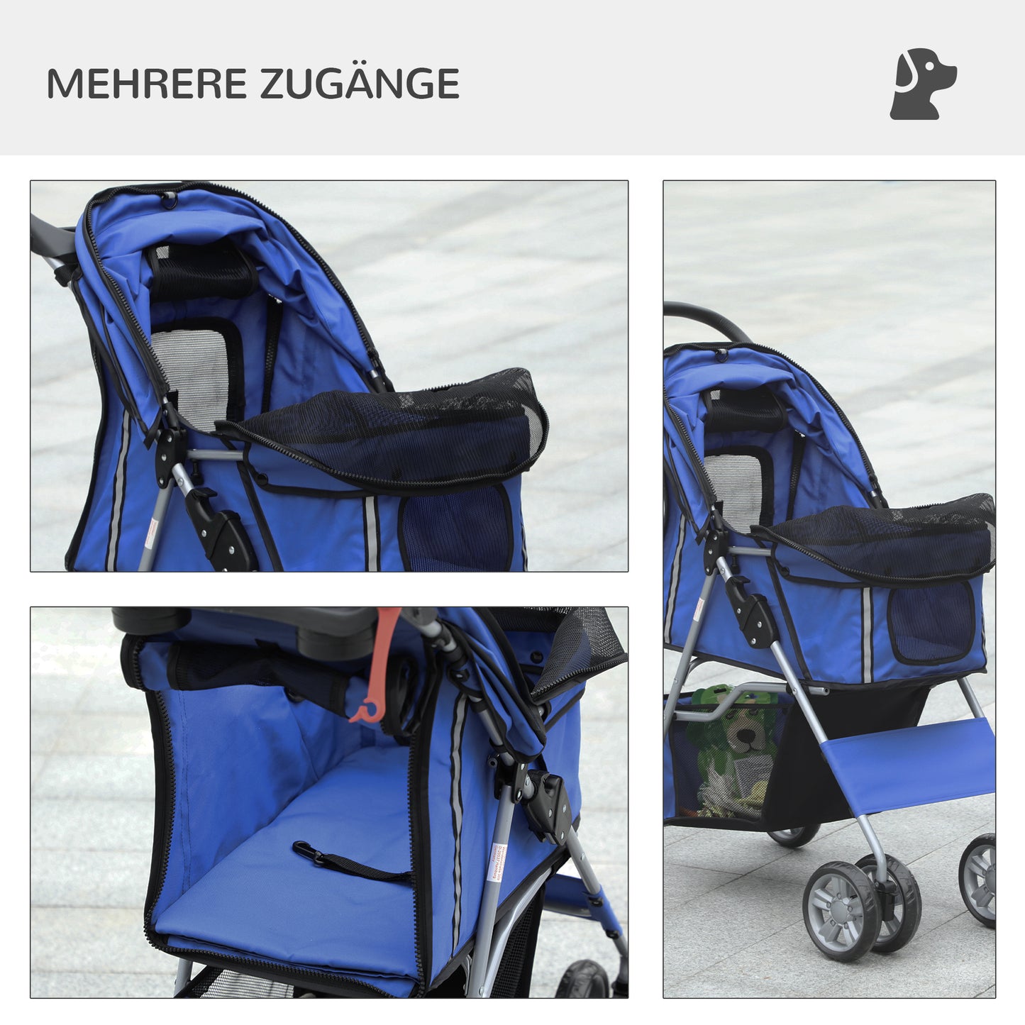 PawHut Hundebuggy Hundewagen bis 10 kg Klappbar Regenschutz Bodenkorb 2 Becherhalter 75 cm x 45 cm x 97 cm, Blau