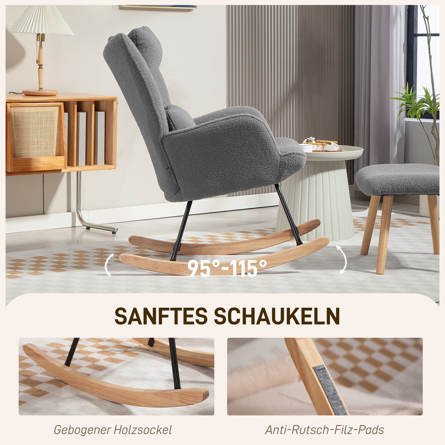 HOMCOM Schaukelstuhl mit Fußhocker, weicher Fleece-Bezug, Holzbeine, Kissen, hohe Rückenlehne, Schaukelsessel, Dunkelgrau