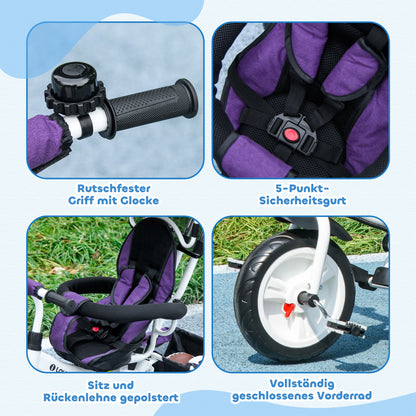 HOMCOM 6-in-1 Kinderdreirad mit Schiebestange, Dach, Gurt, Ablagekorb, für 1-5 Jahre, Blau