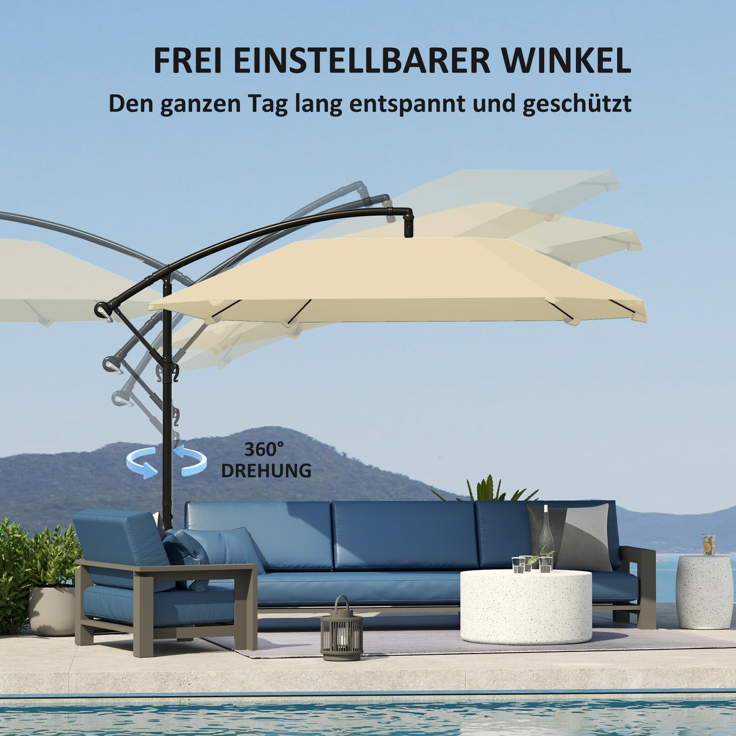 Outsunny Ampelschirm Alu Ø 260 cm Sonnenschirm, wasserdicht Kurbelschirm mit Ständer, Kurbel, Beige