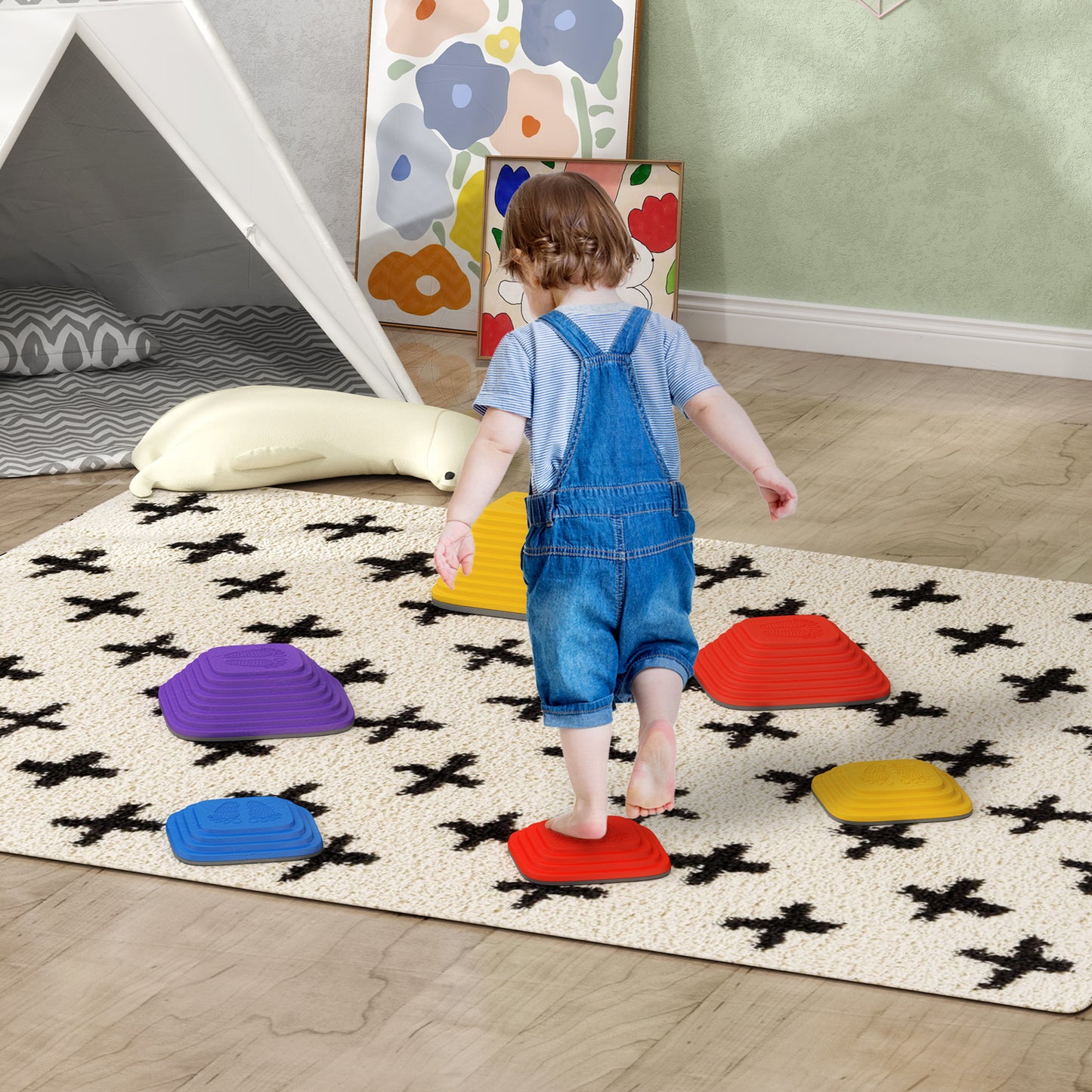 AIYAPLAY Balance-Trittsteine für Kinder, 6 Teile, Rutschfest, Hindernislauf-Steine, für Motorik-Förderung, Kunststoff, Bunt