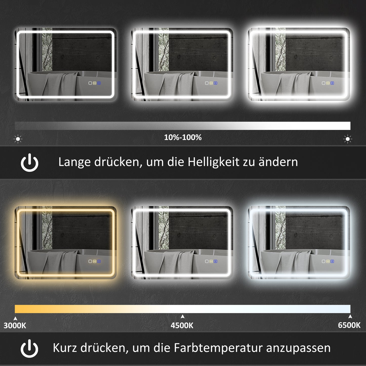 HOMCOM Badezimmerspiegel mit LED-Beleuchtung, Anti-Beschlags-Pad, 3 verstellbare Farben, Silberfarben