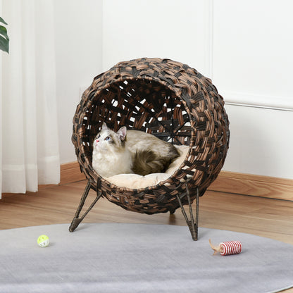 PawHut Katzenhaus från Rattan mit Kissen Katzenschlafplatz Katzenhöhle mit erhöhten Füßen Braun Ø52 x 58 cm