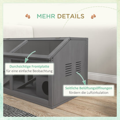 PawHut Hamsterkäfig, Kleintierkäfig aus Holz, Hängebrücke, Leitern, Hütte, 84 x 45 x 44 cm, för Zwerghamster, Grau