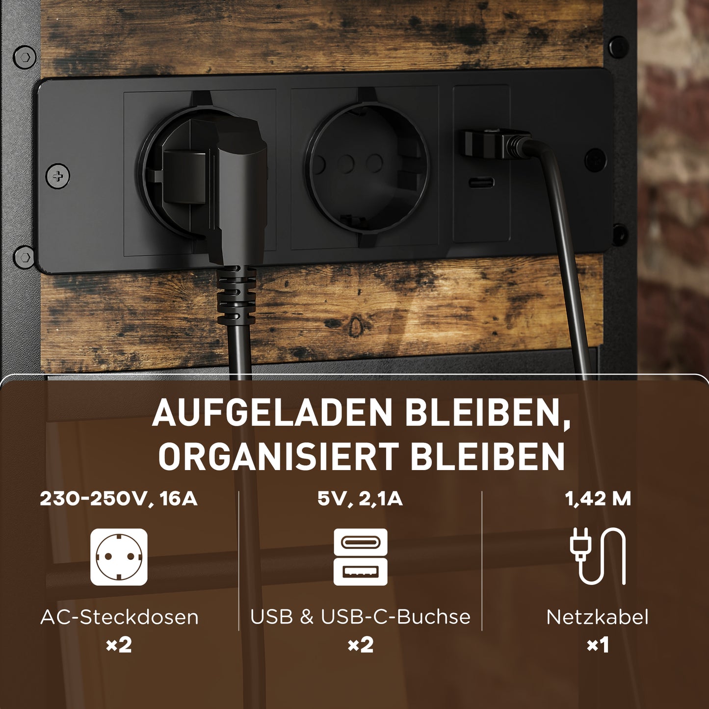 HOMCOM Beistelltisch Nachttisch mit Steckdosenleiste, 2 Ebenen, USB-Anschlüssen Stauraum 60 x 29,8 x 58,5 cm Rustikal Braun