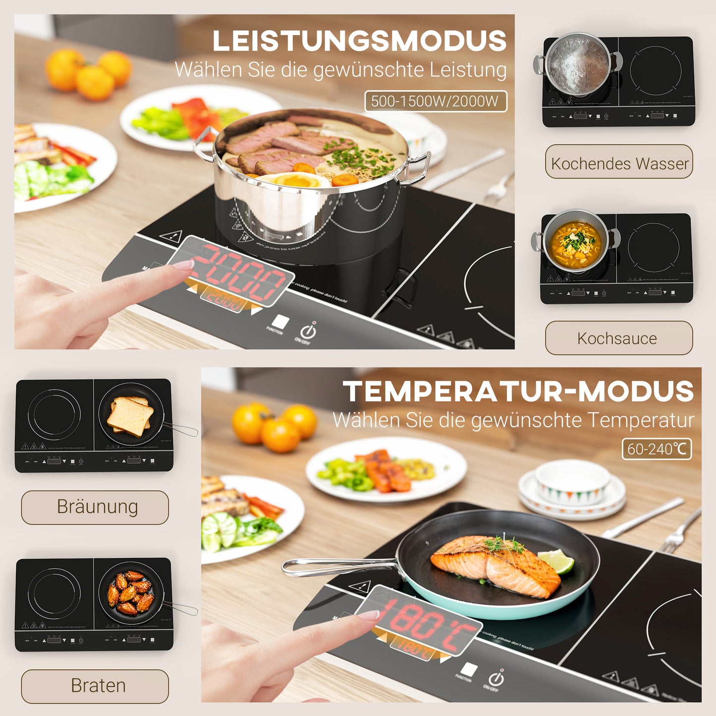 HOMCOM Tragbares Induktionskochfeld, 10-stufige Temperaturregelung, Touchpanel, Schwarz