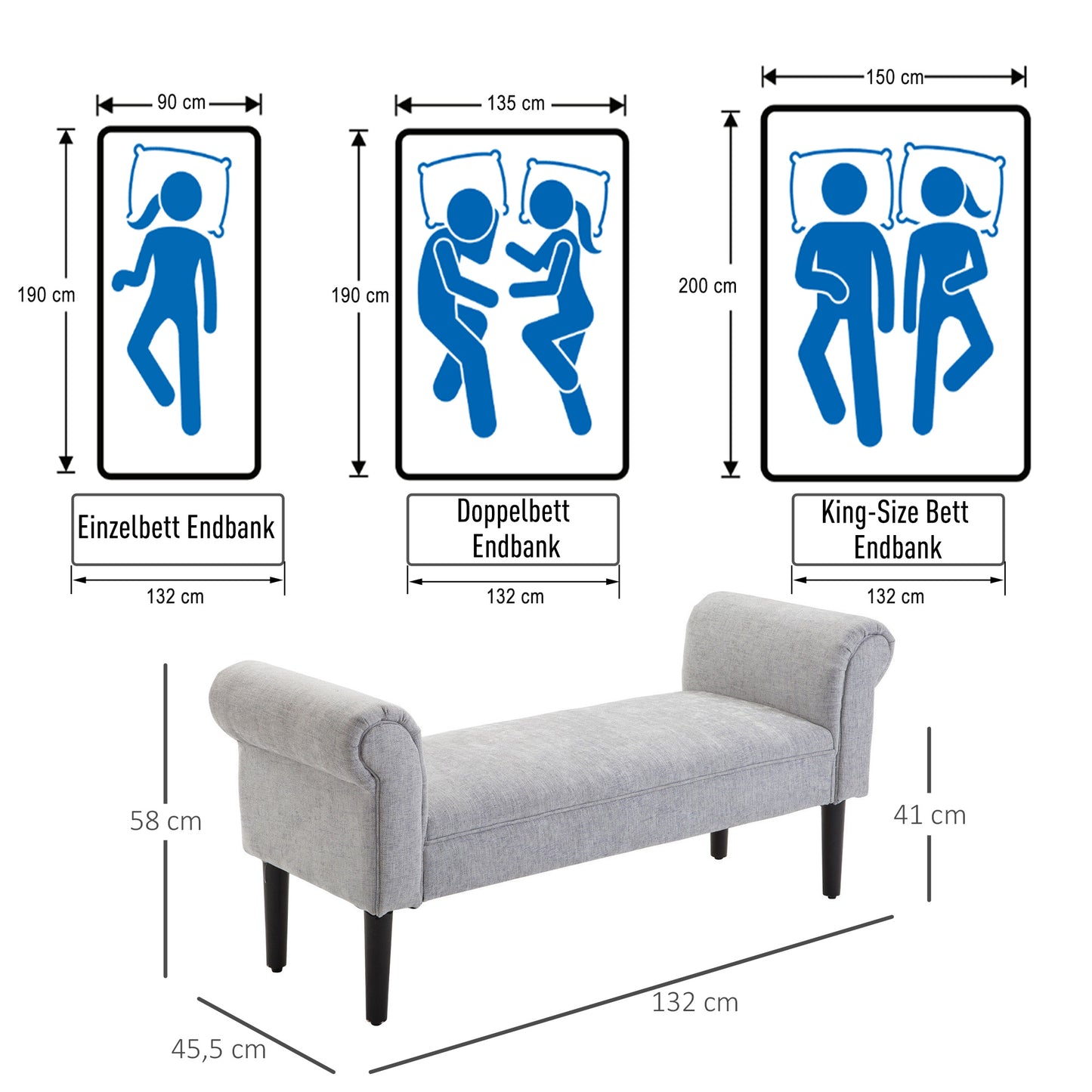 HOMCOM Polsterbank Sitzbank Lounge Sitzhocker Flurbank Bettbank elegant mit gerollten Seiten Leinenstoff Schaumstoff Polyester Hellgrau 132 x 45,5 x 58 cm