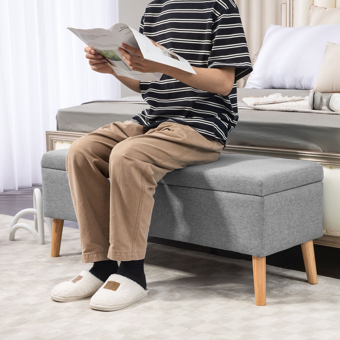 HOMCOM Polsterbank mit Stauraum, Bezug in Leinenoptik, Kautschukholzbeine, bis 220 kg, 110x39x45cm, Grau