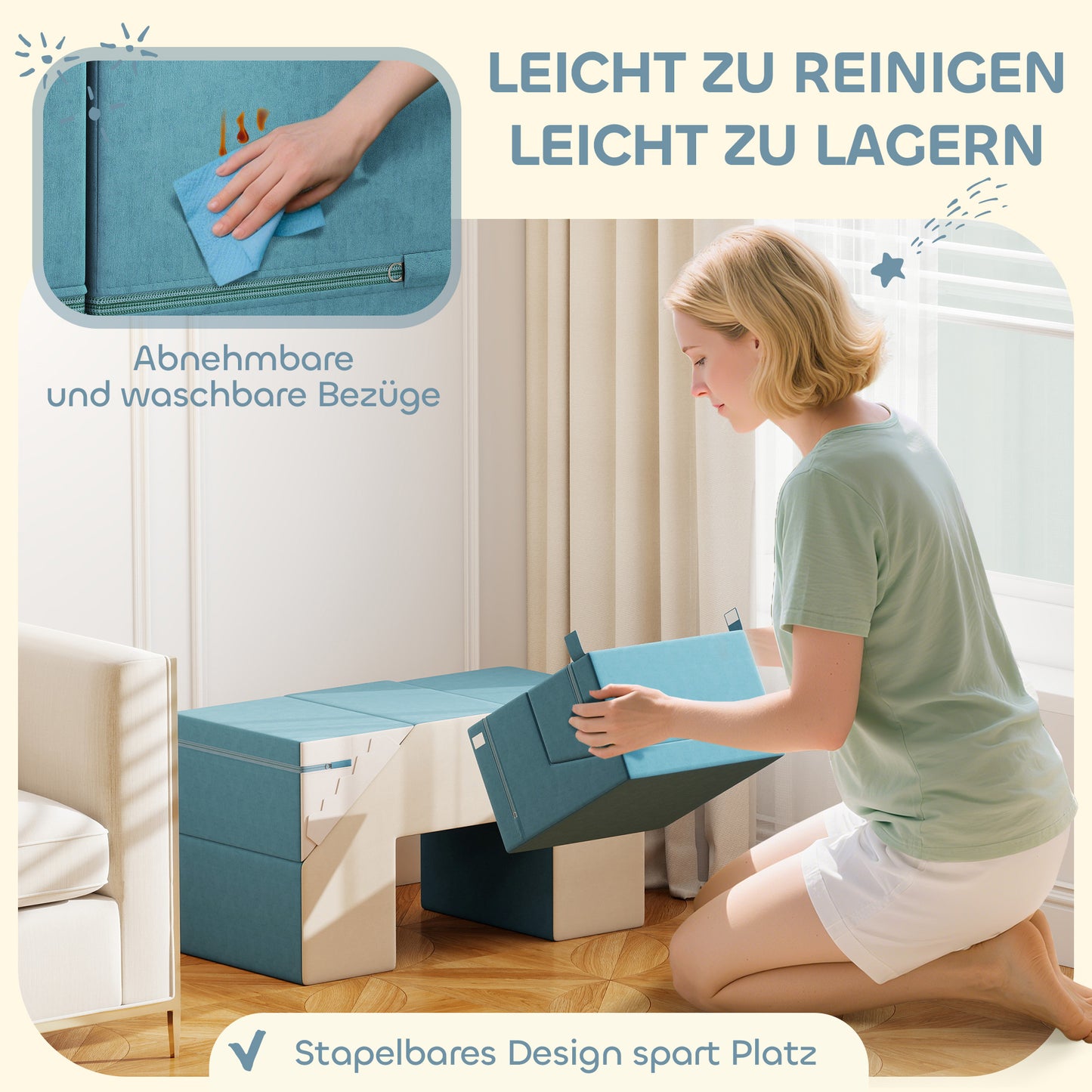 AIYAPLAY 2-teiliges weiches Spielblöcke-Set für Kleinkinder, Kunstleder, Schaumstoff, zum Klettern, Bauen, Spielen, Beige+Blau