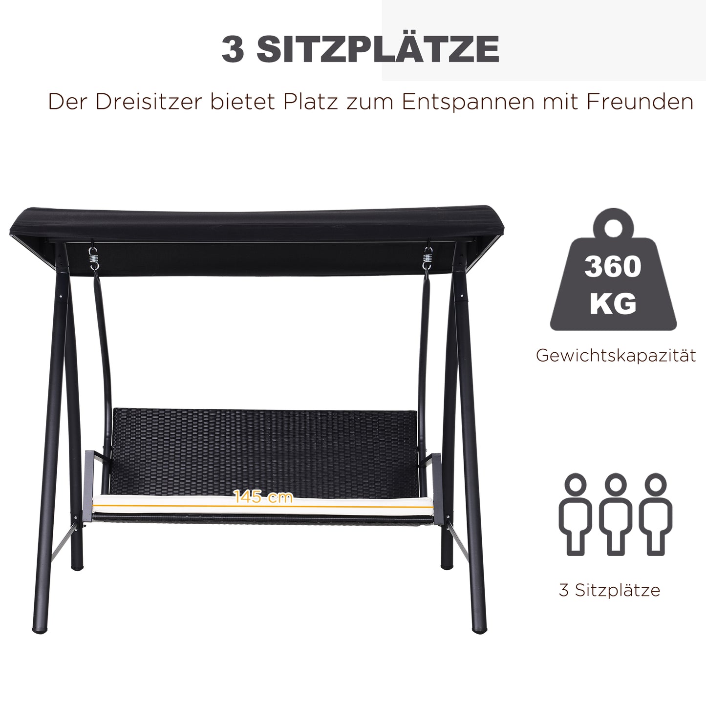 Outsunny Hollywoodschaukel 3-Sitzer aus Polyrattan Gartenschaukel mit verstellbar Sonnendach Sonnenschutz Sitzkissen Hängebank bis 360 kg belastbar Hängeschaukel für Garten 198x124x179cm Schwarz