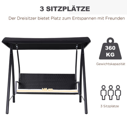 Outsunny Hollywoodschaukel 3-Sitzer aus Polyrattan Gartenschaukel mit verstellbar Sonnendach Sonnenschutz Sitzkissen Hängebank bis 360 kg belastbar Hängeschaukel für Garten 198x124x179cm Schwarz