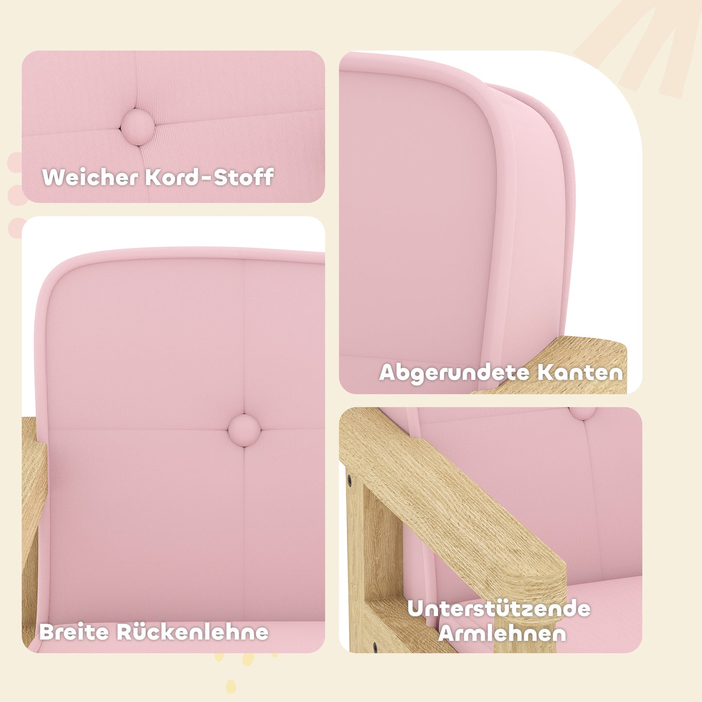 AIYAPLAY Kindersessel Kindersofa mit Kord-Optik, massiven Holzfüßen Sessel aus Schaumstoff Kinderstuhl für Kinderzimmer, Spielzimmer, 46,5 x 44 x 45 cm, für Kinder 3-8 Jahre Rosa