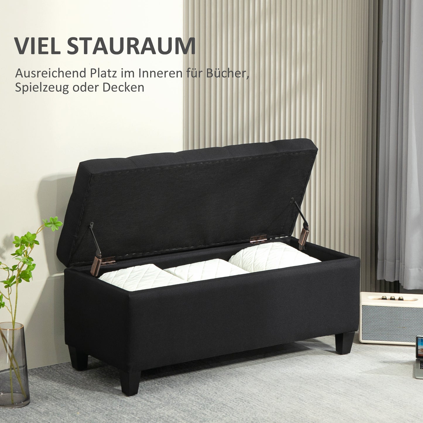 HOMCOM Sitzbank mit Stauraum, Truhenbank, leinenartiges Polyester, Kautschukholz, Schwarz, 100 x 40 x 44 cm