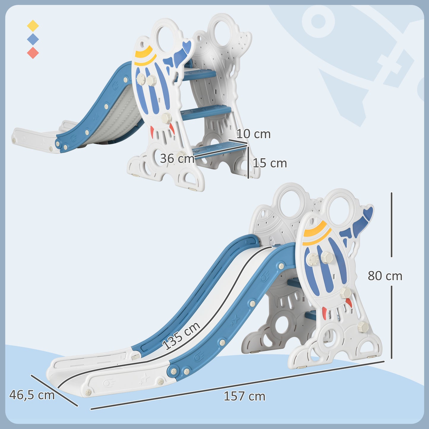 AIYAPLAY Rutsche für Kinder 1,5 bis 3 Jahre, Raketen-Design, Sticker-Set, blau, 157 x 46,5 x 80 cm