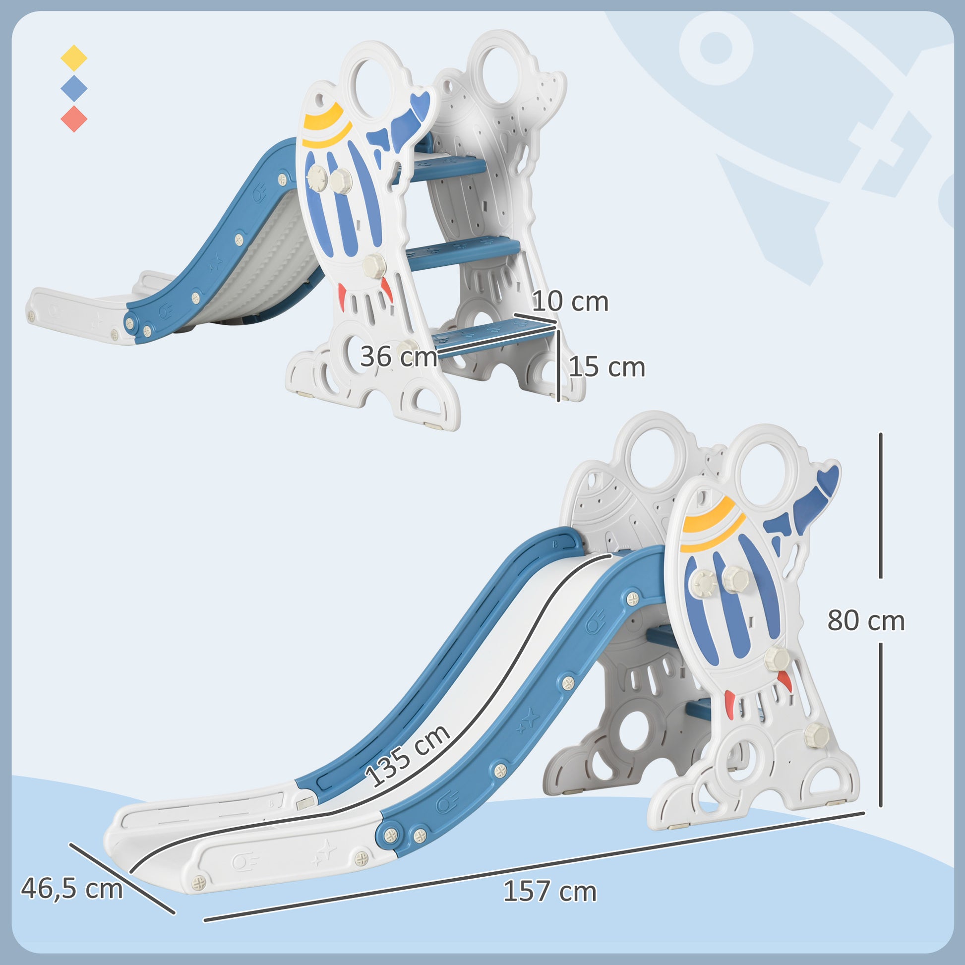 AIYAPLAY Rutsche für Kinder 1,5 bis 3 Jahre, Raketen-Design, Sticker-Set, blau, 157 x 46,5 x 80 cm