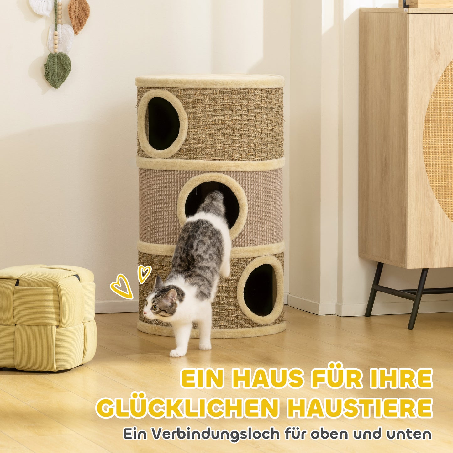 PawHut Kratztonne, 79 cm hög, Ø45 cm, dreistöckige Katzentonne mit Sisalseil, Katzenhöhle, für große Katzen, Khaki+Braun