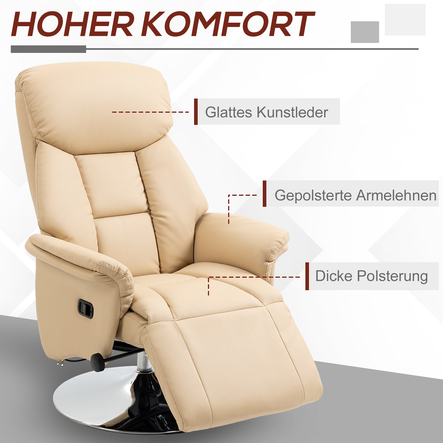 HOMCOM Relaxsessel, Liegefunktion, Lederoptik, Fußstütze, bis 150 kg, 78 x 80 x 109 cm, Beige