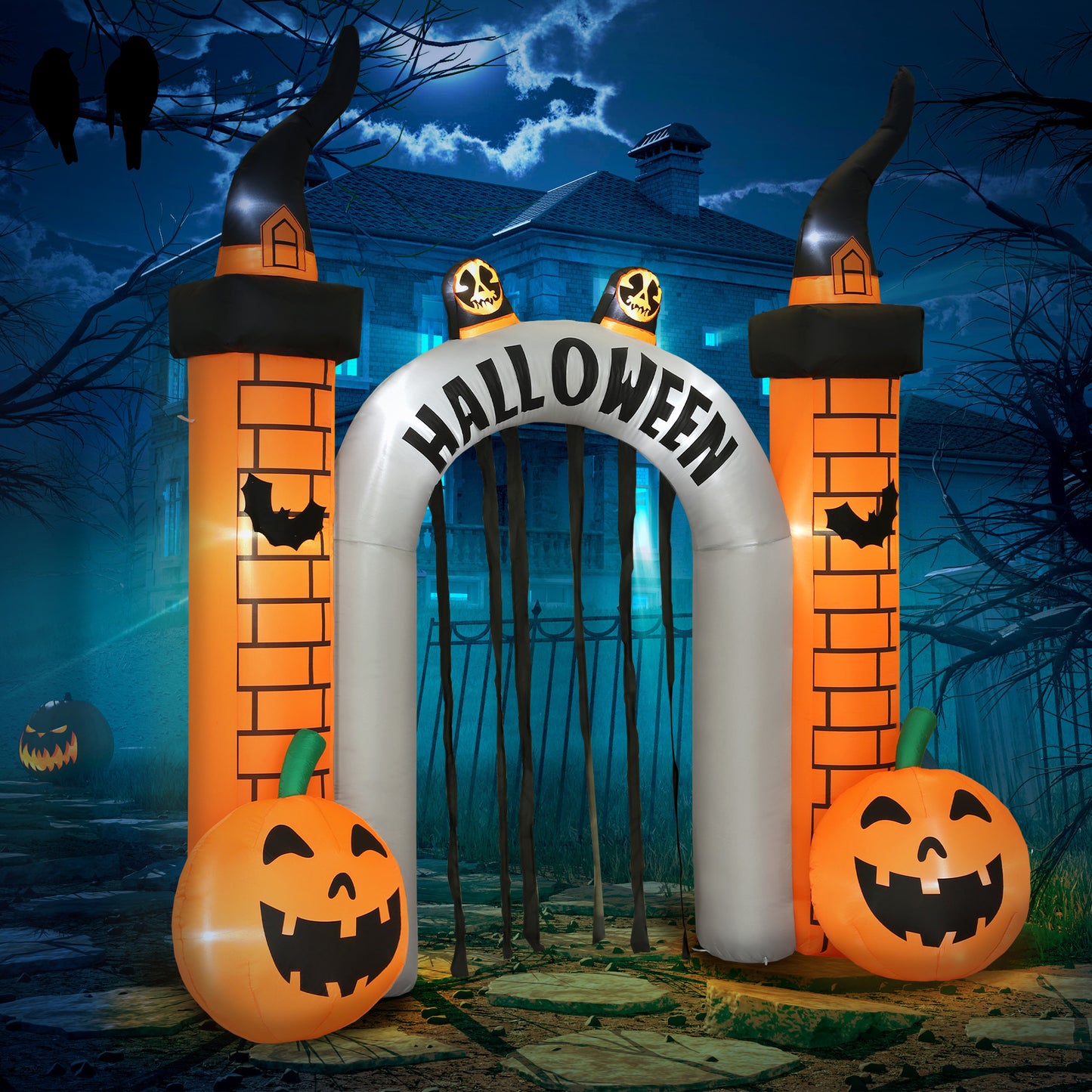 Outsunny Aufblasbarer Halloween-Torbogen, Kürbis-Design, LEDs, Heringe, Polyester