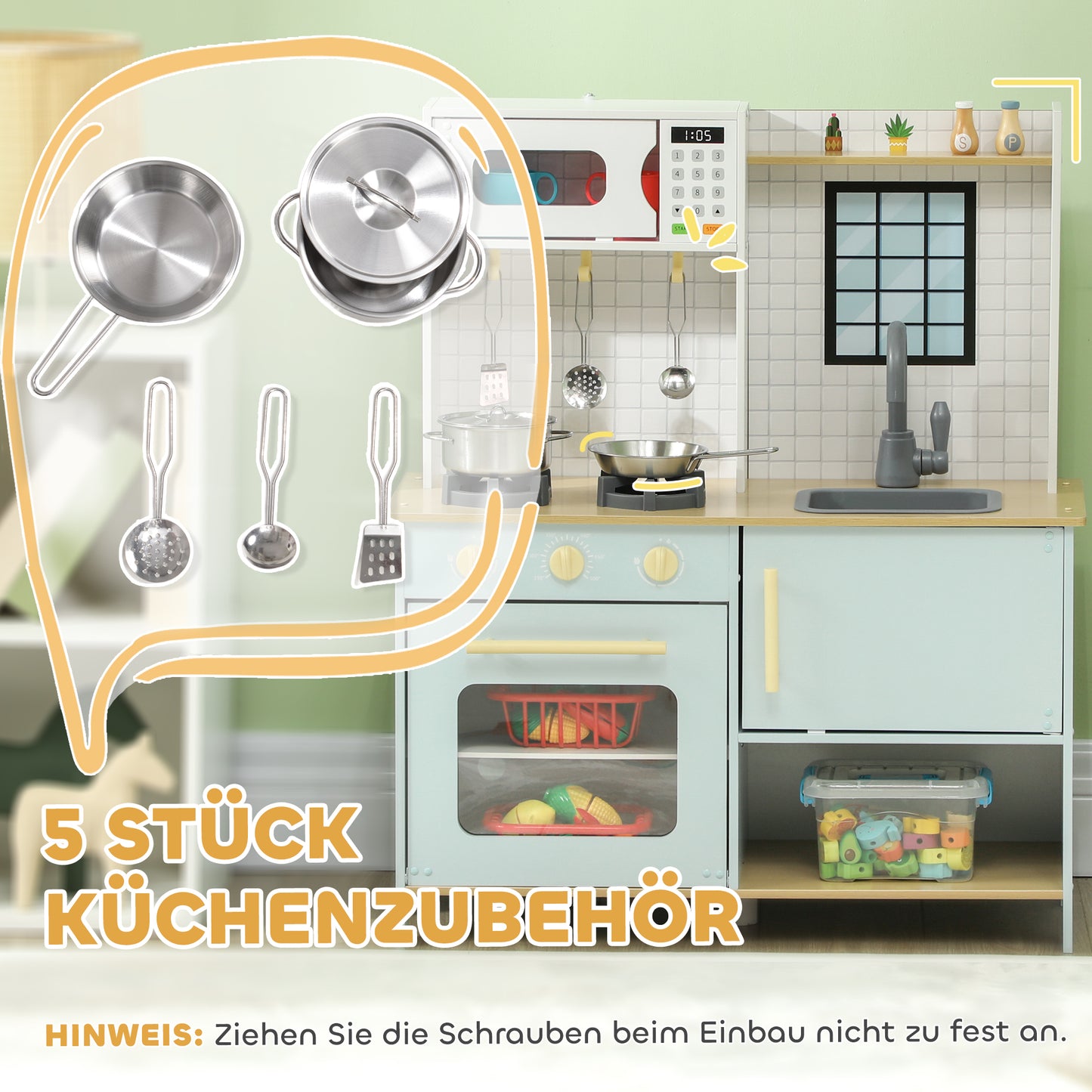AIYAPLAY Spielküchen-Set, Kinderküche zum Spielen mit Mikrowelle, Herd und Backofen, Kochutensilien, MDF, Edelstahl, Blau