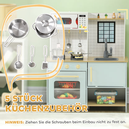 AIYAPLAY Spielküchen-Set, Kinderküche zum Spielen mit Mikrowelle, Herd und Backofen, Kochutensilien, MDF, Edelstahl, Blau