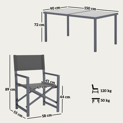 Outsunny Sitzgruppe 5-teilig Essgruppe Stahl für 4 Personen Esstisch mit 4 klappbar Stühlen Glastisch Grau