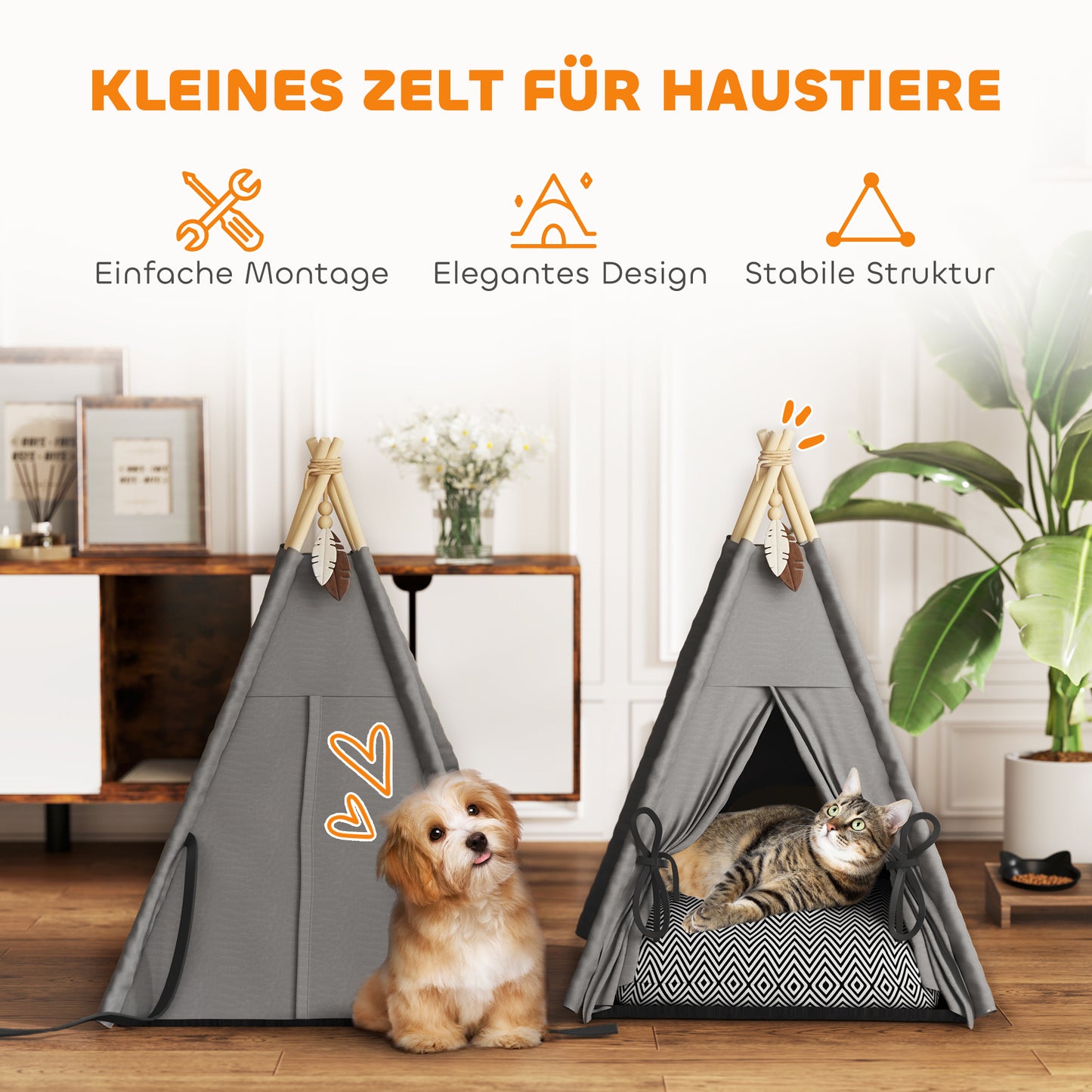 PawHut Tipi-Zelt für Haustiere, Tierbett im Tipi-Design, Katzenzelt mit Kissen, Hundebett zum Schlafen, Katzenbett, Grau