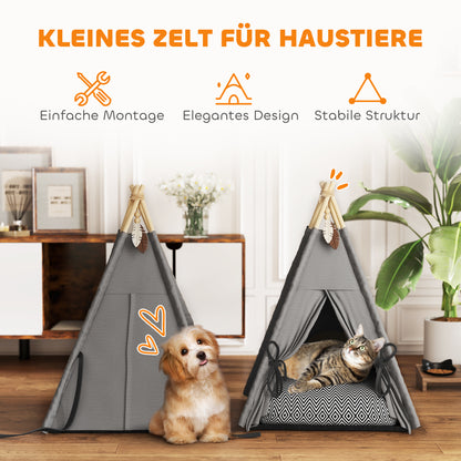 PawHut Tipi-Zelt für Haustiere, Tierbett im Tipi-Design, Katzenzelt mit Kissen, Hundebett zum Schlafen, Katzenbett, Grau