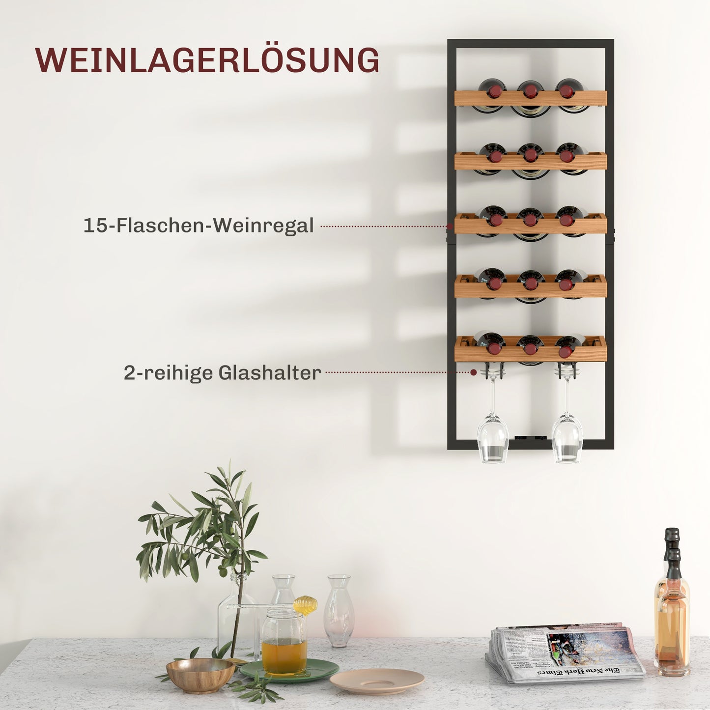 HOMCOM Wand-Weinregal, 5 Ebenen, Flaschenhalter, Gläserhalter, Kiefernholz, Stahl, Hausbar, Küche, Wohnzimmer, Braun