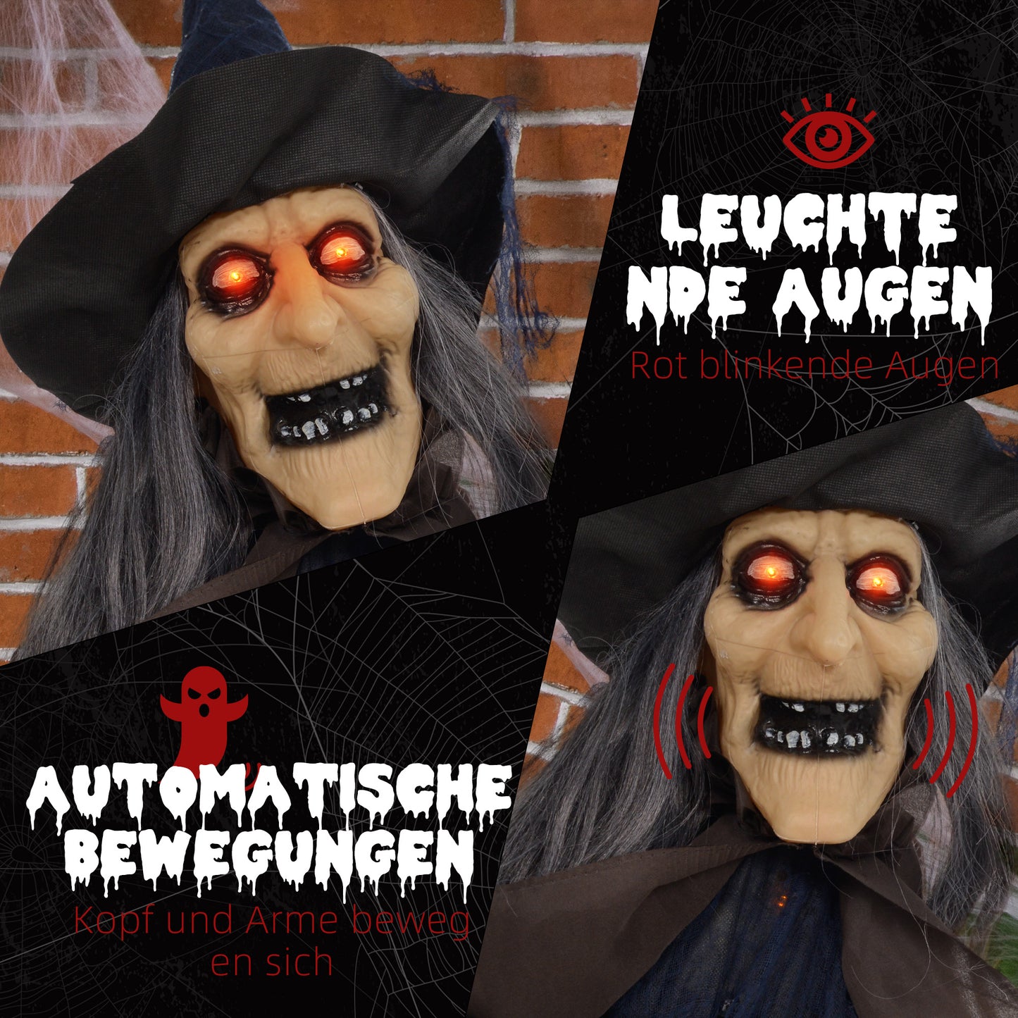 HOMCOM Halloweendekoration Hexe mit Besen, leuchtende Augen, gruselige Geräusche, biegsame Arme, 107x65x190 cm