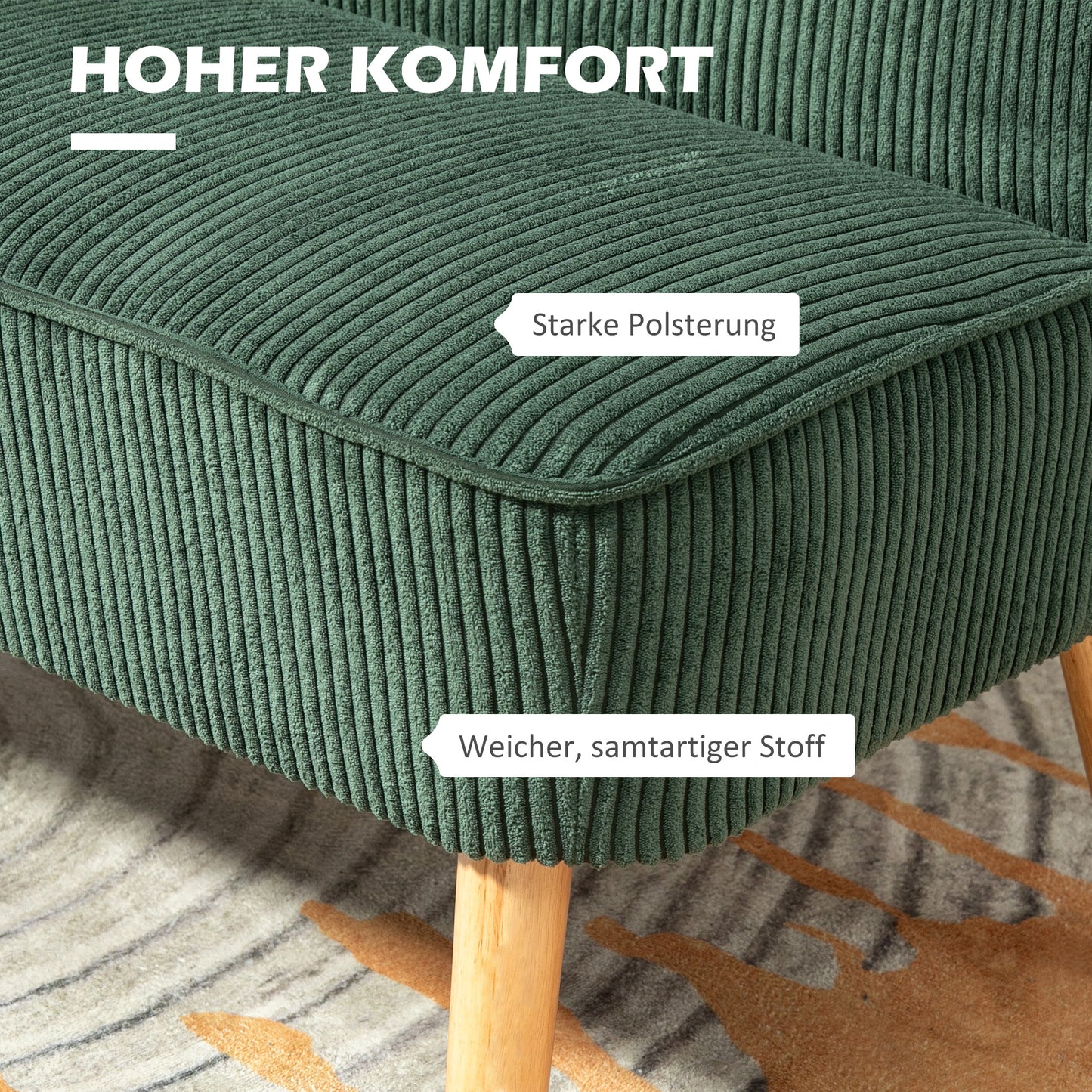 HOMCOM 2-Sitzer Polstersofa, Holz, Samtartiges Polyester, Schaumstoff, 117 x 56,5 x 77 cm, Grün