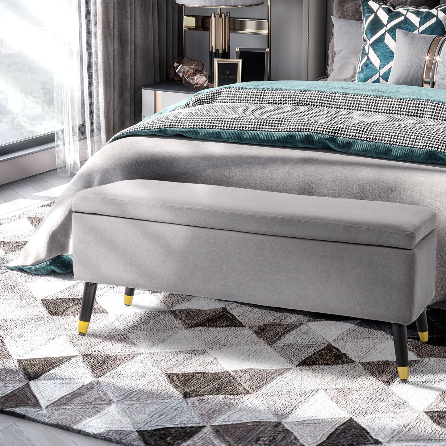 HOMCOM Sitzbank, Polsterbank mit Stauraum, Truhenbank, Metall, Schaumstoff, Kautschukholz, Kohlegrau, 110 x 43 x 45 cm