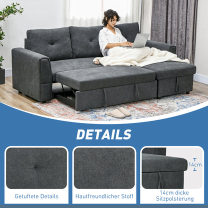 HOMCOM 3-Sitzer-Sofa mit Bettfunktion, Schlafsofa mit Chaiselongue, Polstersofa, Dunkelgrau