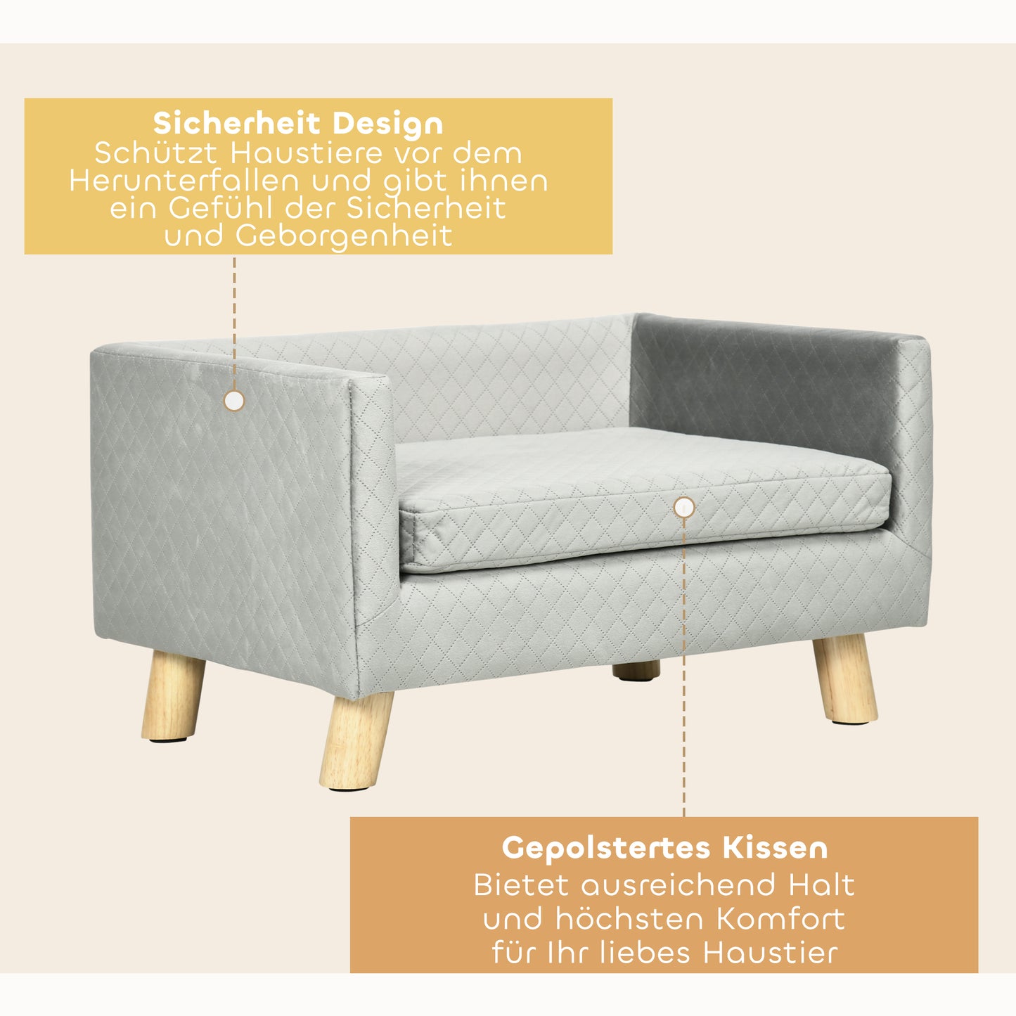 PawHut Hundesofa mit Holzbeinen Hundebett Haustiersofa Hundematte für kleine Hunde bis zu 8 kg Samt-Touch Grau 64 x 45 x 36 cm
