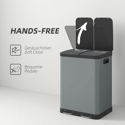 HOMCOM Doppelfach-Mülleimer, 2 x 30L, fingerabdruckresistent, Pedal, herausnehmbare Inneneimer, Grau