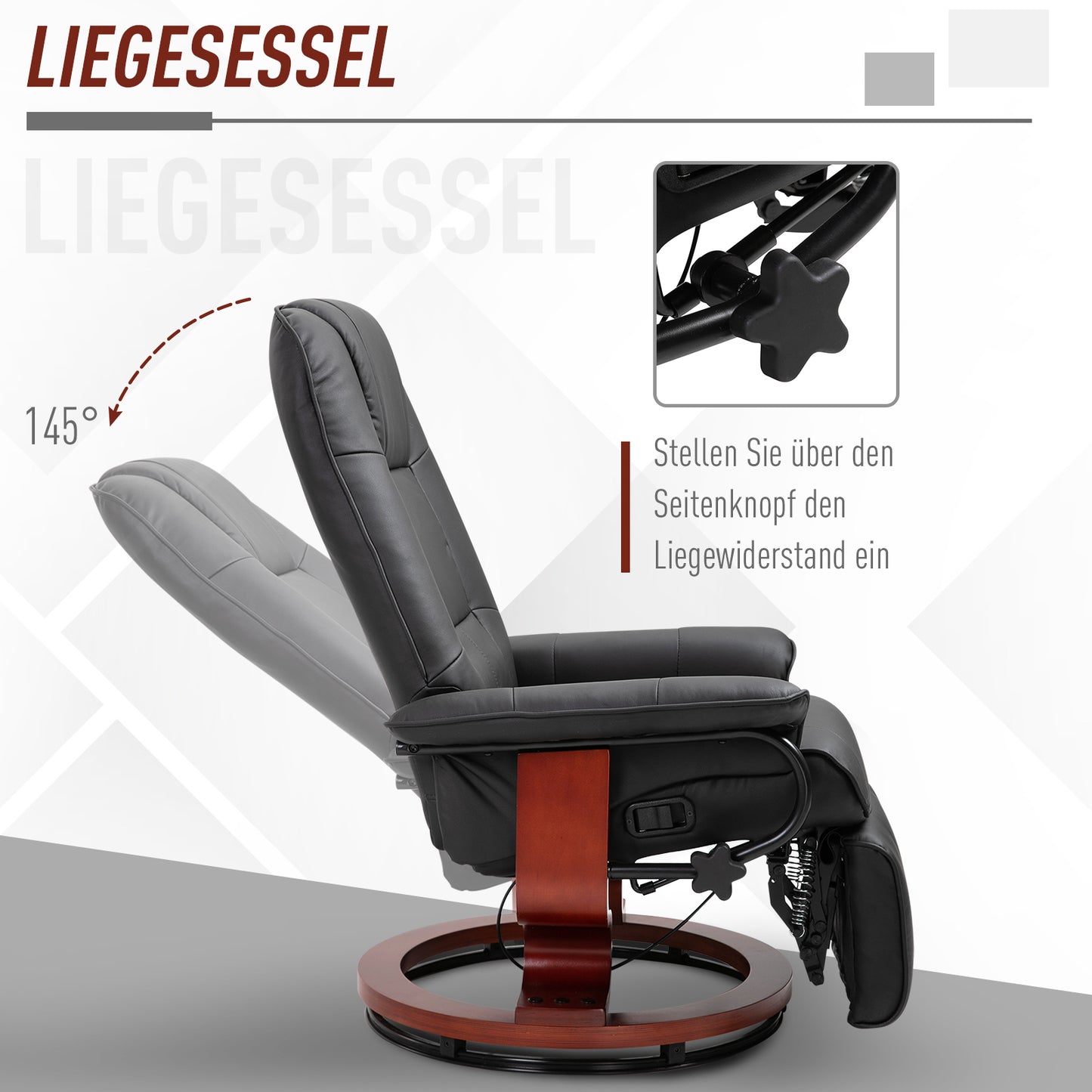 HOMCOM Relaxsessel Fernsehsessel Liegesessel Kunstleder 360° Drehstuhl 145° neigbar Schwarz 78 x 87 x 100 cm