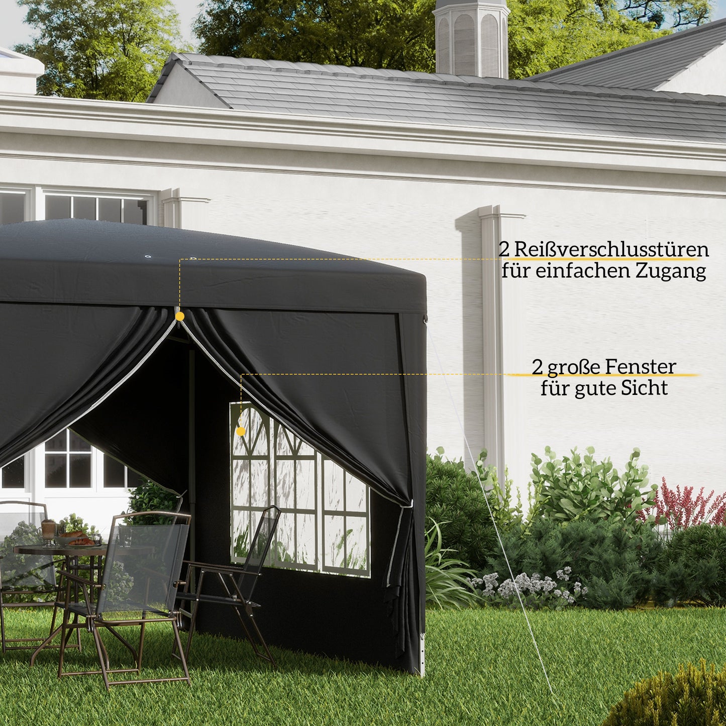 Outsunny 3 x 3 m Pavillon mit 4 Seitenwänden, Fenster, Festzelt mit UV-Schutz, Gartenzelt inkl. Tragetasche, Stahl, Schwarz