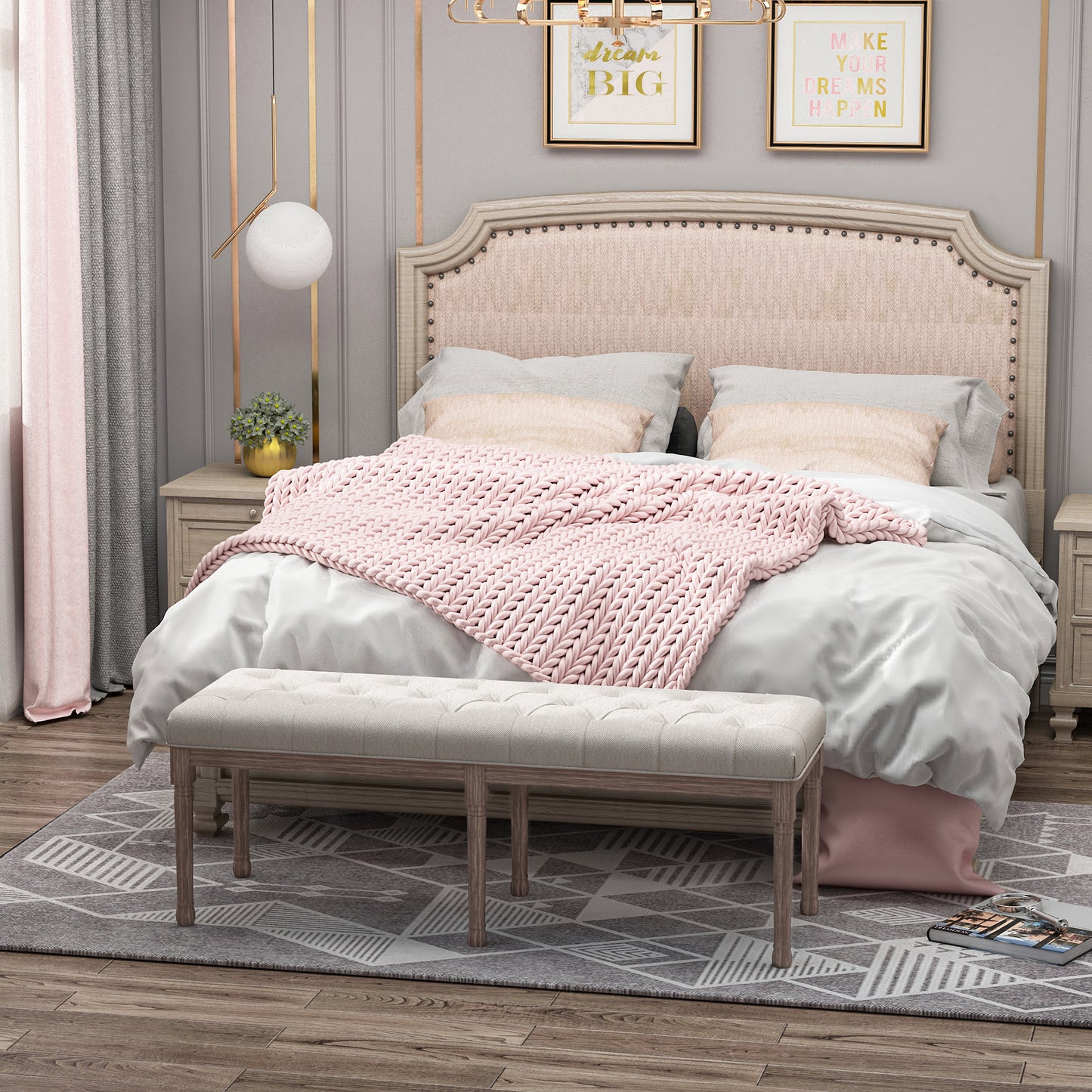 HOMCOM Polsterbank Sitzbank Lounge Sitzhocker Vintage Retro mit Knöpfen Leinen + Holz beige 142 x 47 x 51 cm